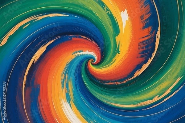 Fototapeta Abstract colorful spiral painting with dynamic brush strokes, vibrant swirl pattern in blue orange green, modern art background texture