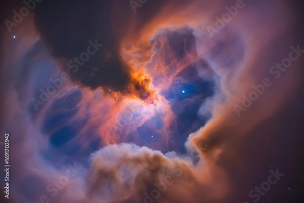 Fototapeta Dramatic Orange and Blue Nebula with Swirling Gas Clouds and Bright Stars - Colorful Deep Space Astronomy Background