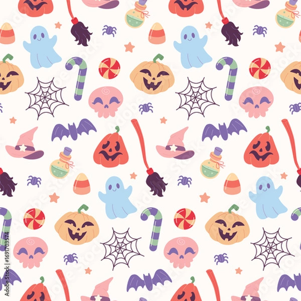 Obraz Halloween seamless pattern with spooky elements, pumpkins, ghosts, candies, skulls, spider web, bats