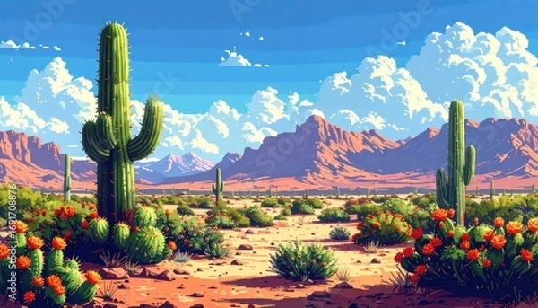 Fototapeta A vibrant desert landscape, showcasing towering cacti and colorful flowers against a backdrop of red mountains under a vibrant blue sky filled with fluffy clouds.