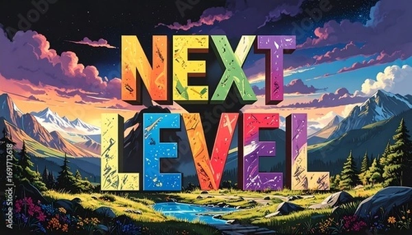 Fototapeta Colorful landscape with the phrase "Next Level" in bold, 3D letters