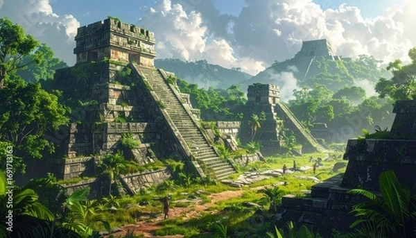 Fototapeta Majestic ancient ruins are nestled within a lush, vibrant jungle landscape, showcasing detailed stonework and a serene atmosphere.