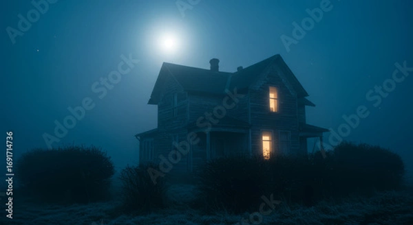 Fototapeta An old, lonely, abandoned house, illuminated by moonlight.