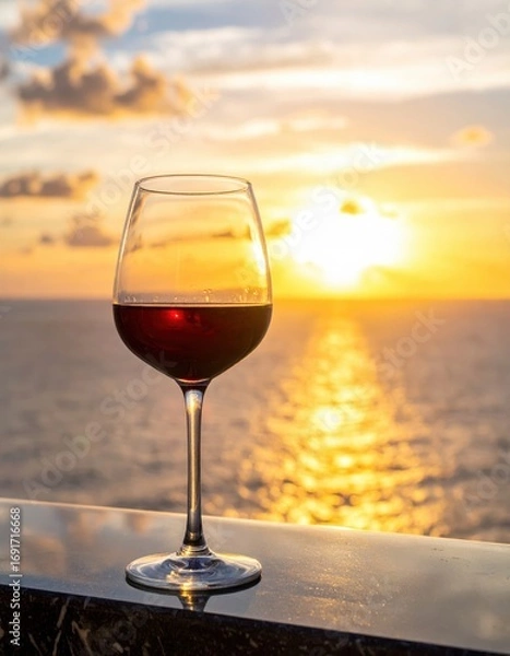 Obraz Red wine in glass at sunset overlooking ocean