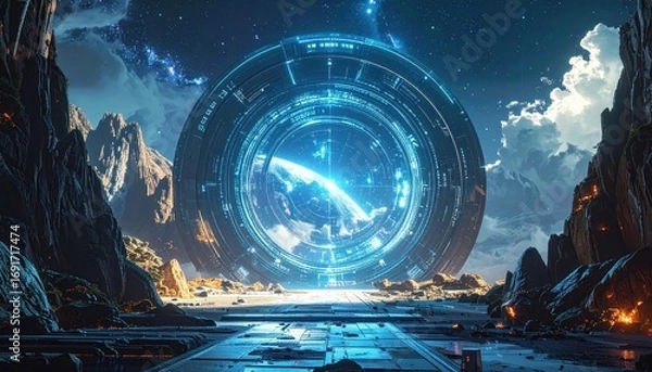 Fototapeta A vast, otherworldly landscape opens to reveal a glowing, futuristic portal to another dimension.
