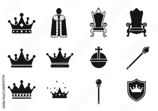 Obraz A collection of black silhouette icons representing royal symbols and regalia, including crowns, thrones, scepters, and a royal robe.
