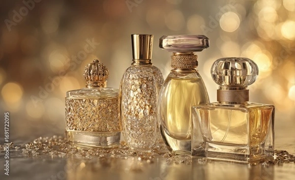 Obraz Luxurious perfume bottles, golden hues, bokeh