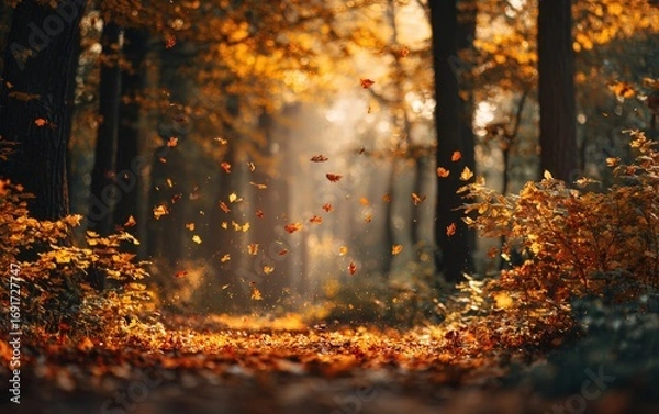 Obraz Autumnal forest path with falling leaves