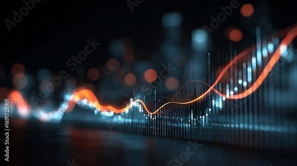 Fototapeta Dark-themed futuristic financial data analysis image with glowing line graphs and charts, blurred background.