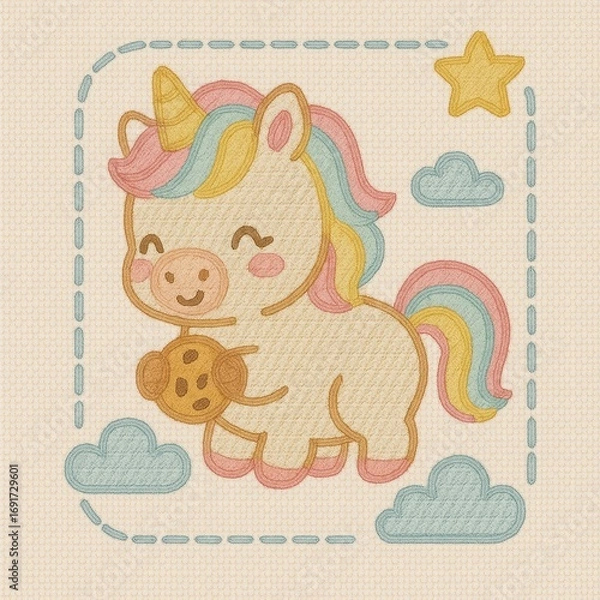 Fototapeta Cute Cartoon Unicorn Holding Cookie with Colorful Mane and Star