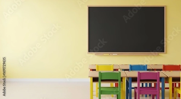 Fototapeta Empty kindergarten classroom with colorful chairs and a blank blackboard on a yellow wall, ready for school lessons. Modern interior with copy space