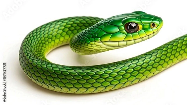 Obraz Vivid green snake with shiny scales isolated on white background, close up of reptile with detailed texture and natural beauty 
