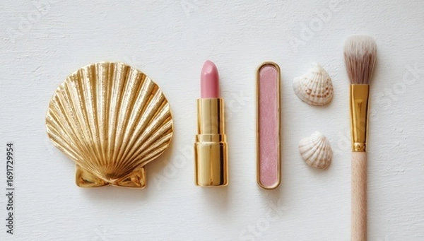 Obraz Golden shell, pink lipstick, and makeup