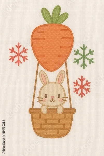 Fototapeta Cute Rabbit in Hot Air Balloon with Carrot and Snowflakes Design