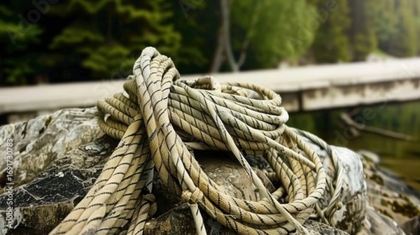 Fototapeta Coiled Rope on Rock by Lake with Wooden Dock and Forest Background