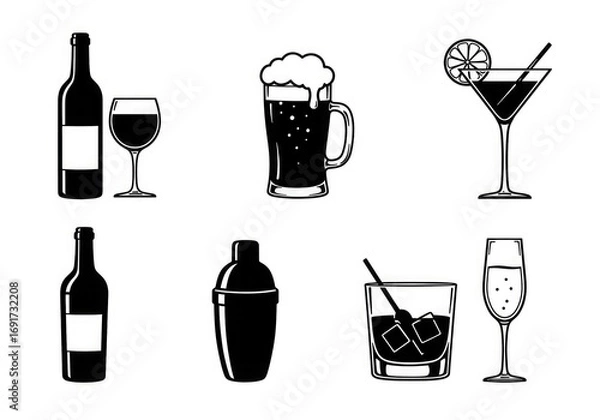 Obraz A collection of black and white vector icons depicting various alcoholic drinks like wine, beer, and cocktails, along with bar accessories.