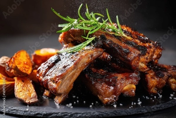 Obraz Grilled ribs with sweet potato fries