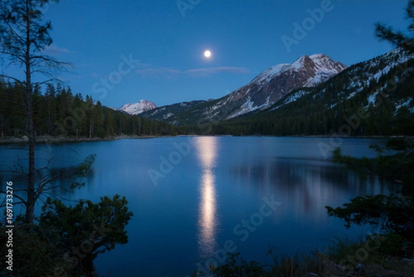 Fototapeta Full moon illuminates a serene blue lake and snow capped mountains at night moonlight