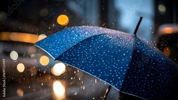 Fototapeta Rainy day with blue umbrella and bokeh effect, close-up with dark background.