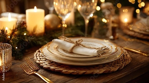 Fototapeta Romantic dinner place setting with plates and cutlery on table. Christmas theme.