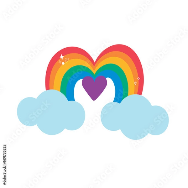 Fototapeta ilustración de Arcoiris en forma de corazón con nubes y brillos 
