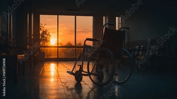 Fototapeta The sunset's golden hues cast a warm glow over an empty wheelchair, suggesting contemplation and the passage of time in a hospital setting.
