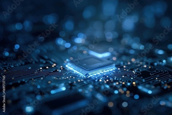 Obraz Close-up circuit board with glowing chip