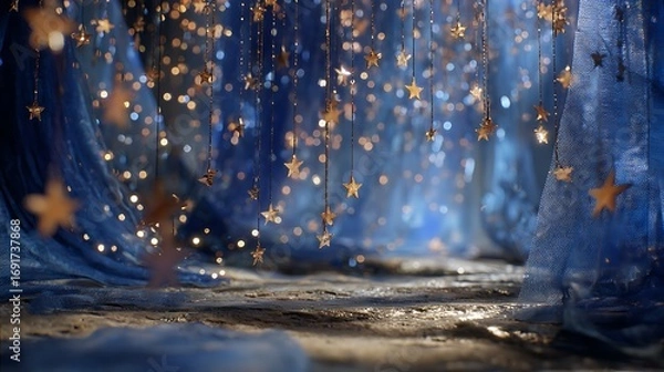 Fototapeta This image presents a magical scene with stars and light in golden and blue tones, creating an enchanting ambiance that captivates and transports the viewer to a whimsical, dreamy.