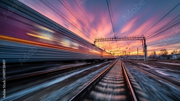 Fototapeta This photo showcases the dramatic speed and energy of a train racing along the tracks at sunset, created with motion blur to highlight its swift motion and beautiful ... See More.