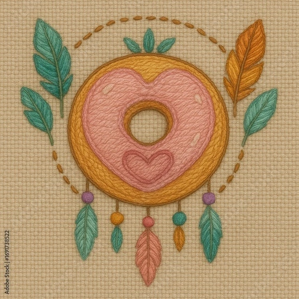 Fototapeta Colorful Embroidered Donut Design with Feathers and Leaves