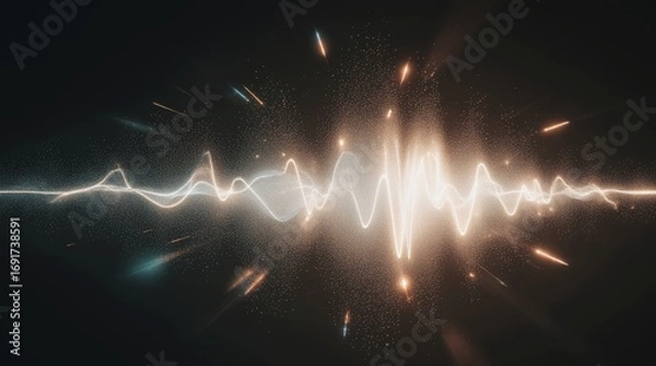Obraz Abstract digital soundwave visualization with glowing particles, futuristic audio waveform design on a dark background.