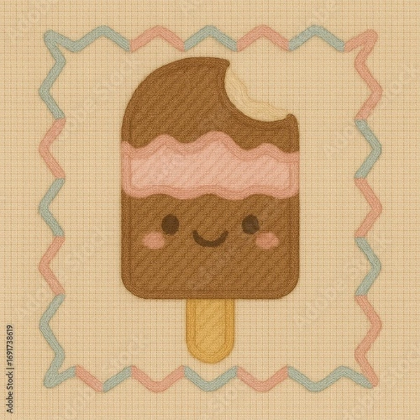 Fototapeta Cute Cartoon Ice Cream Character with Happy Face and Bite Taken