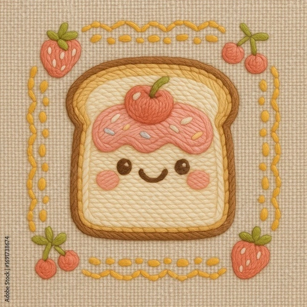 Fototapeta Cute Embroidered Toast with Cherry and Strawberry Decorative Elements