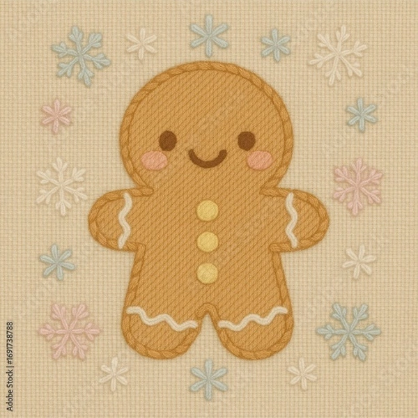 Fototapeta Cute Gingerbread Cookie Character With Snowflakes Background