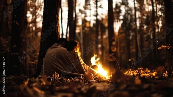Fototapeta Cozy campfire in autumn forest with person wrapped in blanket, evoking warmth and solitude