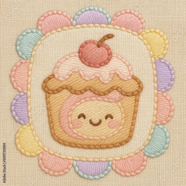 Fototapeta Cute Embroidered Cupcake Design with Cherry and Colorful Borders