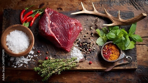 Fototapeta Raw steak meat from roe deer on the bridlic chopping board with ingredients as a sea salt, pepper ,basil,chilli and other. Roe deer antler as a decoration. See Less.