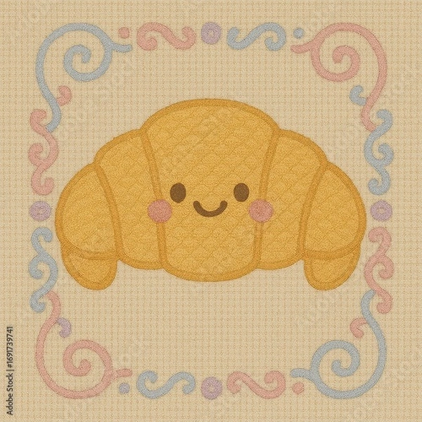 Fototapeta Cute Smiling Croissant with Colorful Decorative Border Design