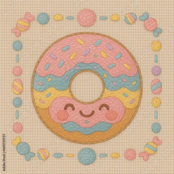 Fototapeta Cute Cartoon Donut with Smiling Face and Colorful Candies Surrounding