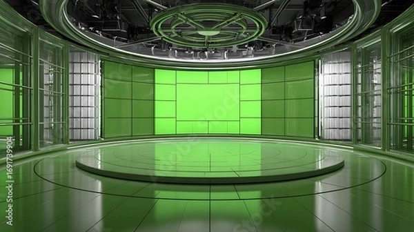 Fototapeta Tv Studio. News studio.3D rendering. Backdrop for any green screen or chroma key video or photo production. See Less.