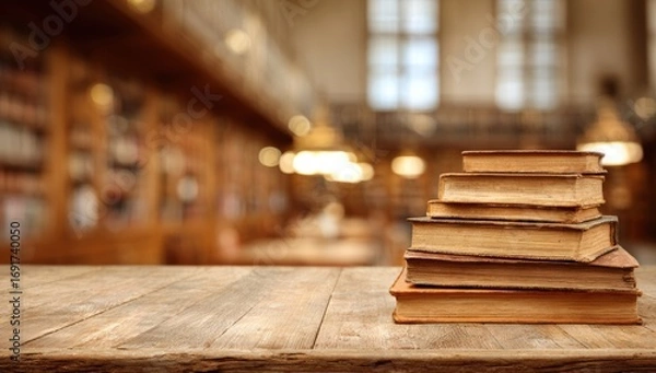 Obraz Stack of aged books on a wooden table in a library
