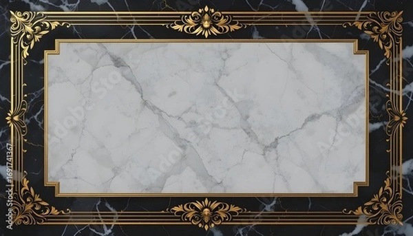 Fototapeta Luxury invitation card with black marble background, gold foil typography, and ornate borders