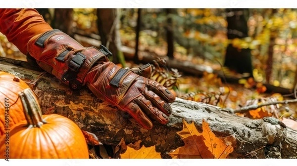 Fototapeta Autumn Encounter: Gloved Hand, Squirrel, & Pumpkin on Log in Vibrant Fall Forest