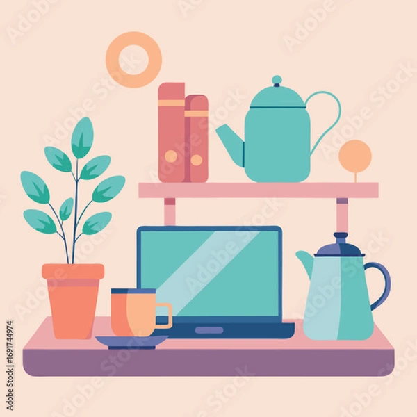 Fototapeta Minimalist pastel desk setup with laptop plant and teapots computer potted plant