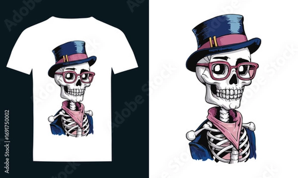 Obraz Stylish Skeleton T-Shirt Design with Hat and Glasses.