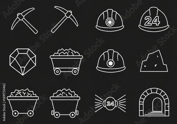 Obraz A set of white line art icons depicting mining equipment, resources, and infrastructure on a dark background.