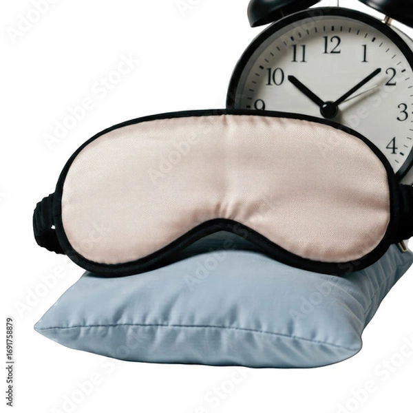 Fototapeta Light Grey Glitter Sleep Mask Resting on a Pale Blue Pillow Near a Classic Black Alarm Clock Showing 3:55 AM, Isolated on Transparent Background