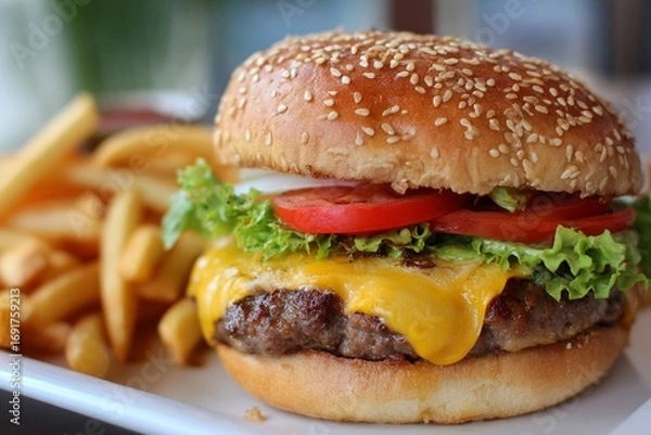 Fototapeta A juicy cheeseburger with fresh lettuce, tomato, and bacon served with a side of crispy golden french fries
