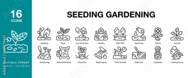 Fototapeta Seeding Gardening icon set. Includes agriculture, growth, soil, seed, garden, and More. Editable Stroke Icon Collection.