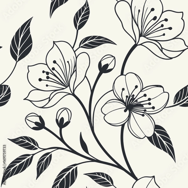 Fototapeta Seamless vector floral pattern, minimal line art flowers and leaves